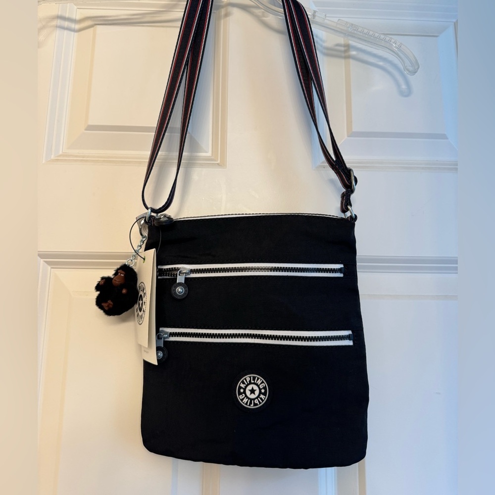 Kipling Keiko Black Crossbody Bag with Black / red / white strap